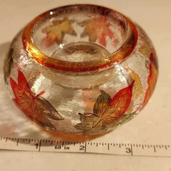 Yankee Candle Crackle Glass Leaves Tealight Holder, New In Box, Autumn Leaves - Picture 2 of 5